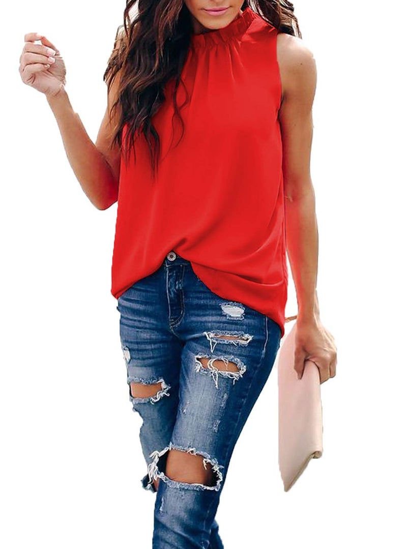 Allimy Women Summer Casual Chiffon Sleeveless Tank Tops Blouses Work Shirts Tunics Red Medium - Image 3